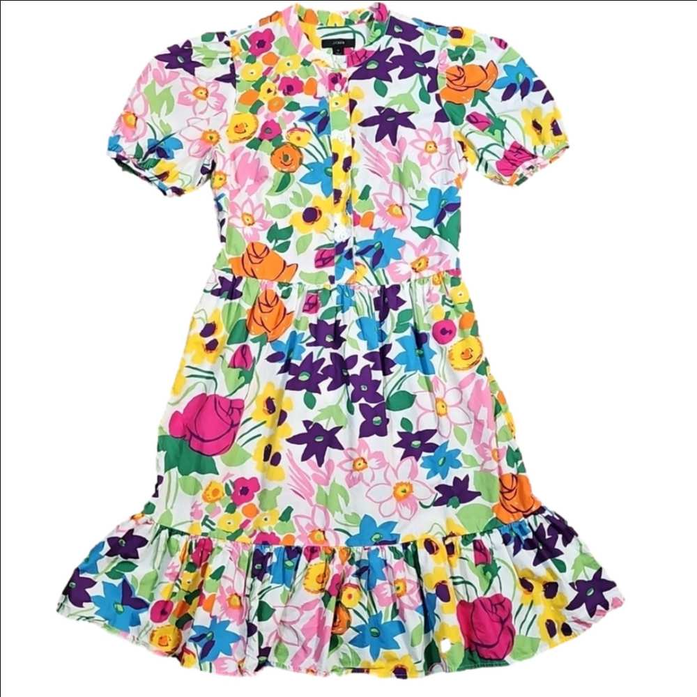 J. Crew 100% Cotton Vibrant Multi-Color Floral Puff Sleeve Ruffle Hem Dress - Picture 3 of 16